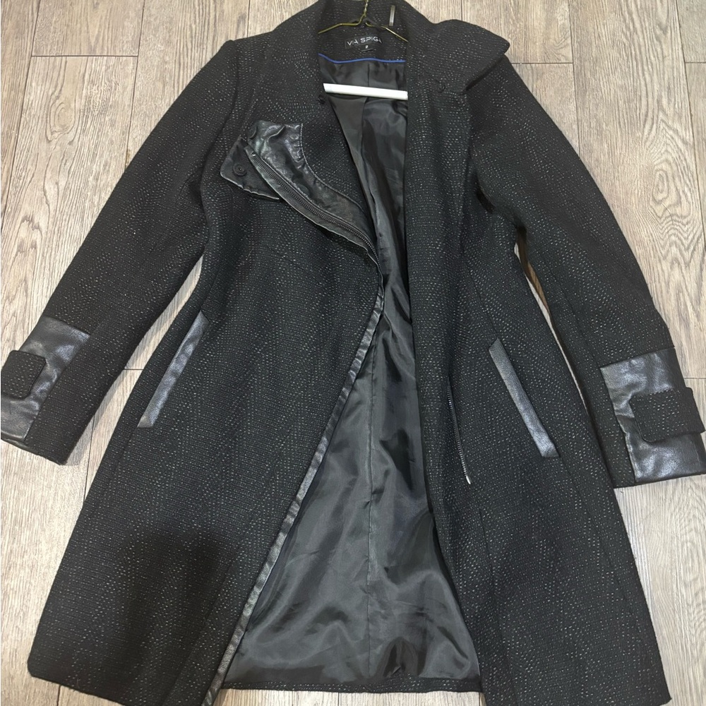 Via Spiga Black Trench Coat with Leather Trim